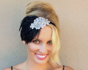 Silver 1920s headband, black 1920s headband, black feather headpiece. Flapper dress headband, great gatsby fascinator1920s navy blue feather