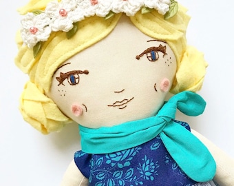 Heirloom Doll : blonde hair handmade cloth doll with blue floral tights