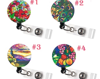 SALE !!!!! 1 pc Flower Pattern Retractable ID Badge Reel Alligator Swivel Clip ID Badge Holder - Nurse Gifts Badge Clips - floral