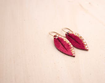 Mini Fuchsia, Silver and Gold Hand-painted Reclaimed Leather Leaf Earrings