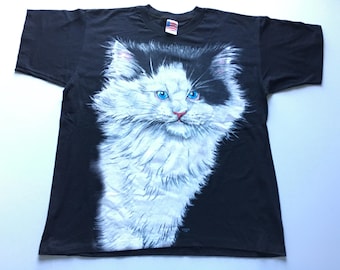 1994 FLUFFY KITTY CAT Oversized Desdstock Vintage T Shirt // Size Xxlarge