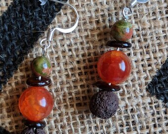 Green Jasper, tiger eye, Jade, and lava bead essential oils diffusing earrings