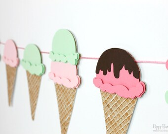 Ice Cream Cone Garland : Handcrafted Ice Cream Social Decoration | Ice Cream Party Decoration | Waffle Cone Banner | Choose Ice Cream Colors