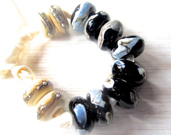 Handmade Lampwork Bead Set, Shards on Black and Silvered Ivory