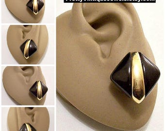 Monet Black Diamond Button Pierced Stud Earrings Gold Tone Vintage Thick Lucite Graduated Center Accent Band Surgical Steel Posts
