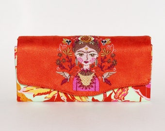 Large original embroidered wallet for woman - designer fabrics orange faux suede 12 card slots, 2 zipper pockets. frida kahlo embroidery