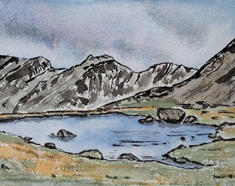 The Scafells, Original, Mounted watercolour and ink painting, Lake District, Art