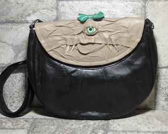 Cross Body Adjustable Purse With Face Monster Black Leather Unique Gift 446