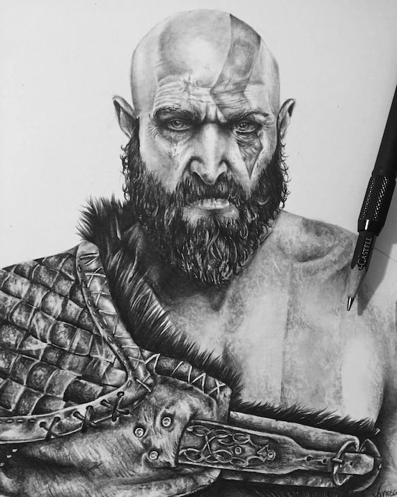 Kratos God of War Pencil Portrait Original Drawing