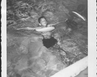 Vintage Snapshot Photo of Boy Floating in Swimming Pool 1960's, Original Found Photo, Vernacular Photography