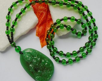 Aventurine, Buddha, Boho, hippie amulet, medallion, pendant with necklace, Pearl green