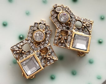 Sparkling large clip on earrings, best for mother, vintage glamour jewelry, retro luxury, shiny wedding, geometric earrings, fake diamonds