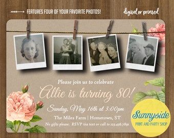 Milestone birthday invitation with photos, floral birthday party invite, ladies surprise party, 50th 60th 70th 80th 90th, printable printed