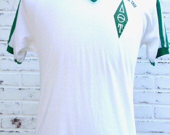 80's Vintage Delta Theta Tau Bantams Tag Olive Green and White Sorority T-Shirt Size Large