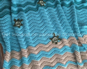 Beach Wave Sea Turtle Blanket ~ Throw Ocean Coast Sealife ~ Baby Toddler Child Teen Adult ~ Crochet Knit Knitted Gift Handmade Blue Sea