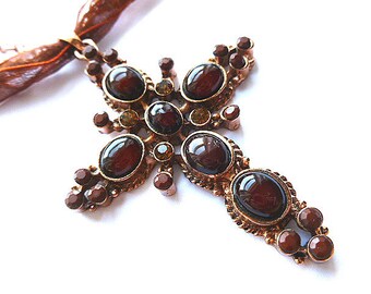 COPPER DESIGNER Cross Necklace, Queen Size Copper Cross with Rhinestones, Cabochons, Ribbon & Lace, Copper Cross with Neck Chain