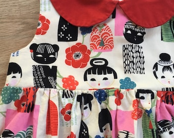 Girls' Japanese Inspired Print Sleeveless Empire Waist Dress with Red Peter Pan Collar