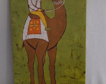 Authentic Cotton Batik Textile Art of a Man on a Camel Mounted and Ready to Hang