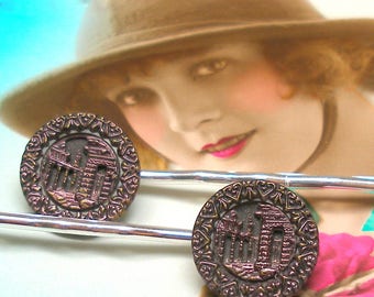 Victorian Archeology BUTTON hair pins, Ancient Ruins on silver bobby pins, hair grips, present gift.