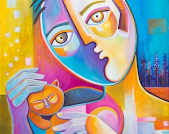 Original Cubist Oil painting Modern Abstract Art Marlina Vera CAT LOVER Picasso Style Expressionism Pop artwork Fauvism cubism boy man
