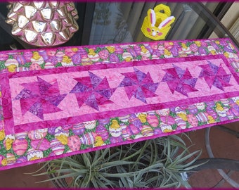 Quilted Table Runner, Kitchen Decor, Table Decor, Easter Egg, Purple Pink Yellow 681