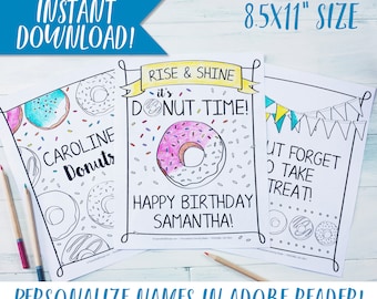 Donut Birthday Party Coloring Sheets / Birthday Party Activity / Personalized / Coloring Page / Kid's / Doughnut / Sprinkles / 8.5x11" PDF