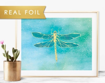 Blue Green Dragonfly Painting With Real Gold Foil Wall Art Print Blue Green Dragonfly Painting With Real Gold Foil Wall Art Print