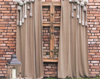 Pompom curtain, Linen Curtain,Macrame Curtain, Pompoms, Boho Chic Curtain, Boho Window Curtains, Hippie Boho Curtains, Vintage Chic Curtains