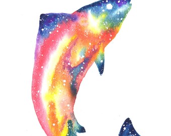 Salmon Fish ORIGINAL Watercolor 9X12, Galaxy Spirit Animal