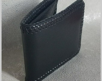 Top Quality Slim Bi-fold Leather Wallet, Ranchero Black Leather Wallet, Leather & Vinyl Photo Insert/4 Pocket Leather Interior, HandLaced