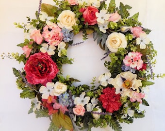 Front Door Wreath,Floral Wreath,Exquisite Silk Floral Wreath"Beautiful Day"w/Peonies, Roses & Ranunculus,Wedding Wreath, Front Door Wreath
