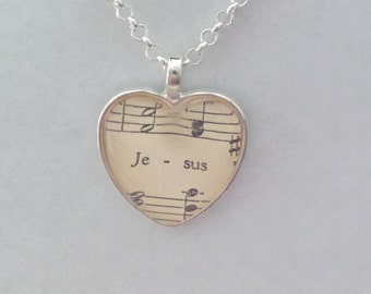 Jesus / sheet music - glass pendant necklace
