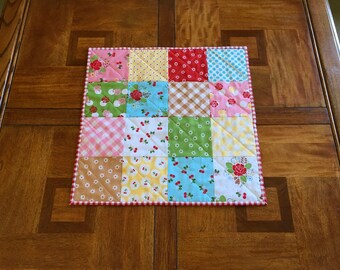Pink, Green and Aqua Quilted Table Topper, Patchwork Table Topper, Quilted Table Mat, Quiltsy Handmade