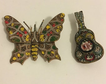 Set of two vintage pins, butterfly and guitar!