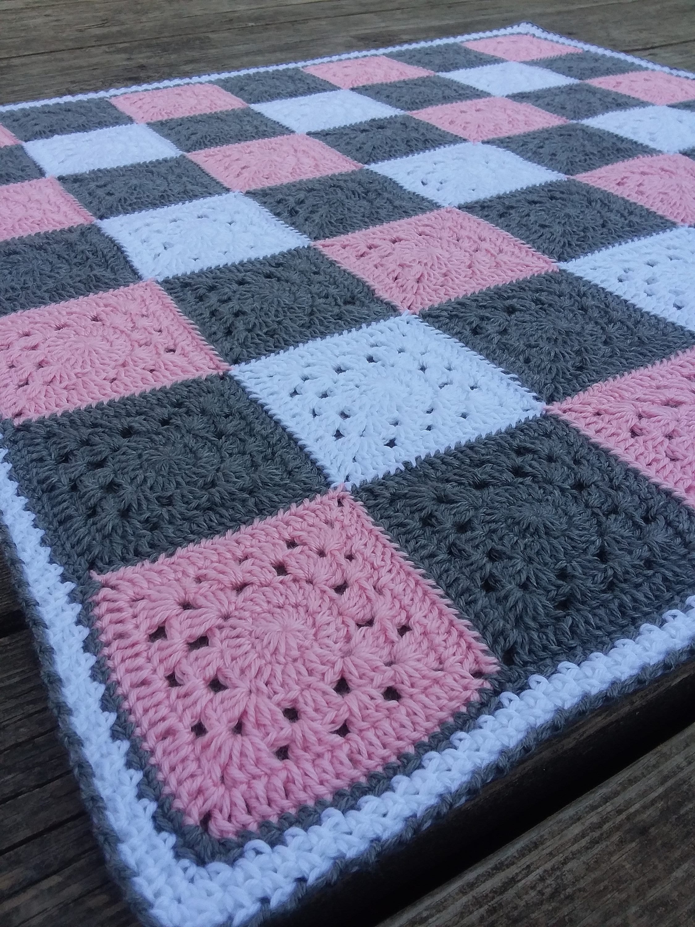 Crochet Pink Gray and White Gingham Baby Blanket Hand