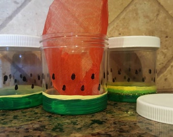 Hand Painted Slime Containers 6oz, painted craft containers, Slime Shop Supplies, large Slime Containers, watermelon theme, TheSlimyTwins