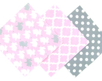 36 Cotton Flannel 6"x6" Pre Cut Quilt Square Kit in a Bundle of Cute Bunny Rabbits, Dots and Trellis Matching Prints