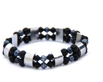 Silver Black Hematite & Pearl Bracelet, Hematite Bracelet, Elastic Bracelet, Gift for Her, Mothers Day Gift, Silver Bracelet, Black Bangle