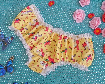DDlg Panties - ABDL Panties - Yellow Pink Unicorn Knickers - DDlg - Adult Baby - Sissy Lingerie - Sissy Boy - Frilly Knickers Pants