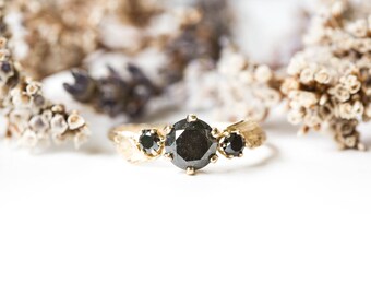 Black diamond 14k gold leaf twig engagement ring, grey diamond engagement ring, diamond twig engagement ring, 14k gold leaf ring, diamond