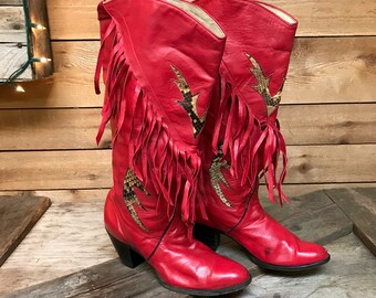 Vintage Red Fringe Cowgirl Tony Lama Hyer Boots Vtg Snakeskin Leather Tall Tassel Western Boots Size 5