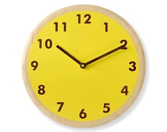 Bright yellow wall clock. Modern wall clock. Kitchen wall clock. Simple wall clock. Wood wall clock. 10 inch wall clock. CL5023