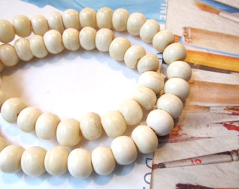 Tea Stained Carved Buffalo Bone, Mala Beads, Ethnic Beads, 10mm, Beige, Wide Stringing Hole, 48 Pcs