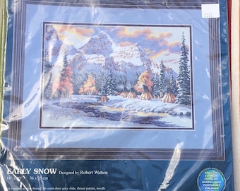 Sunset Dimensions Counted Cross Stitch Kit 13677 Early Snow Native American Scene Tipi Mountains Trees Robert Walton 14 x 10 Inch