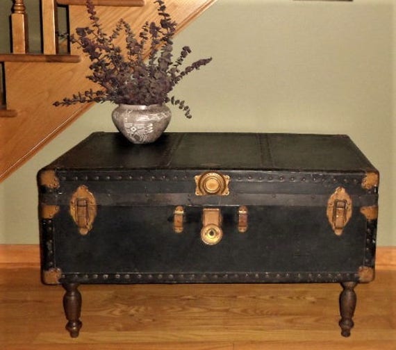 Vintage Steamer Trunk Coffee Table / Black Steamer Trunk
