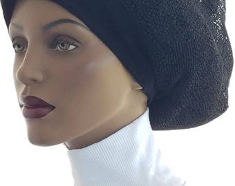Black Huggee Locks Beanie™ Beanie Cap Hat Semi Sheer Floral Lace Motif Dreads Lock Hat Beret Dread locs Tam Rastafari Dreadie Handmade