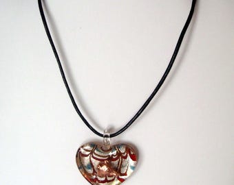 Artglass Heart Pendant w Copper Greyhound Dog, Genuine Leather Necklace