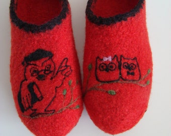 Clogs with owls, felt shoes, teacher & student owls