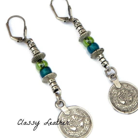 Boho Earrings, coin Earrings, bohemian Dangle Earrings, boho chic Earrings, leather earring, coin dangle earrings, women accessory