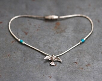 Silver Bracelet with Bird Charm and Turquoise Stones - Boho Jewelry